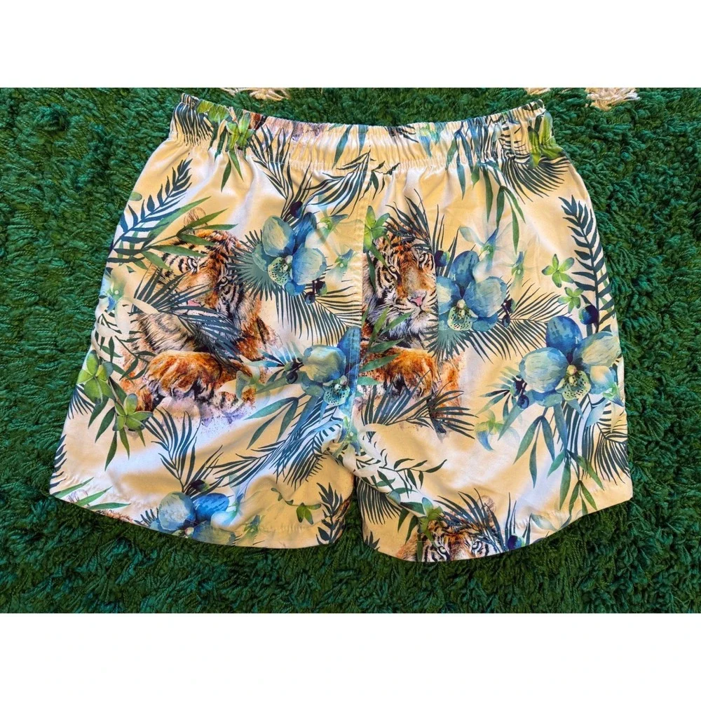 Ring of Fire Swim Trunks Mens Medium White Excellent Tiger Tropical Floral Print